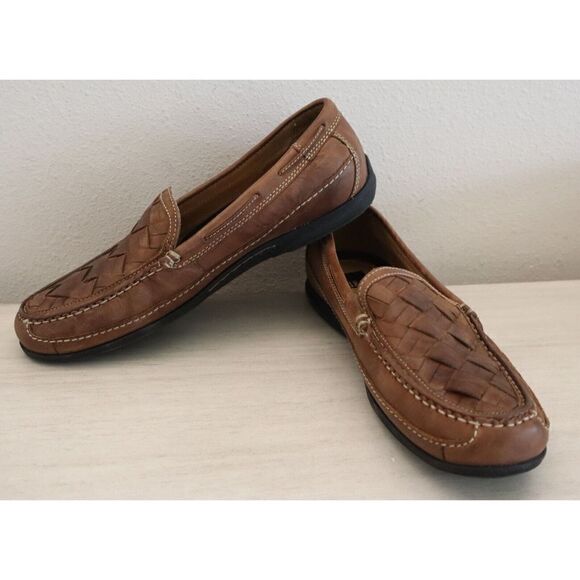 Johnston & Murphy 25-85736 Men Sz 10M Tan Leather Trevitt Woven Venetian Loafers - Picture 1 of 8